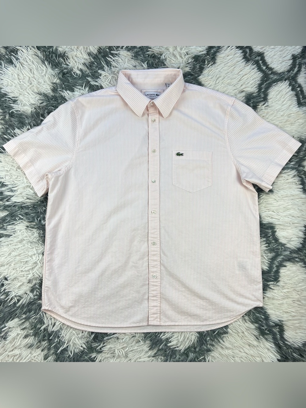 Lacoste Men’s Pink White Striped Casual Button Up Shirt Size Large